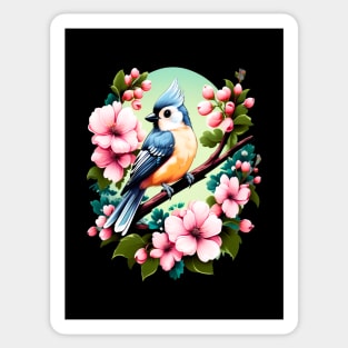 Cute Tufted Titmouse Surrounded by Vibrant Spring Flowers Sticker